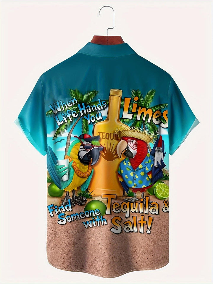 Funny Teal Tropical Parrots Tequila Bottle Limes Palm Trees Beach Theme Short Sleeve Hawaiian Shirt  Back