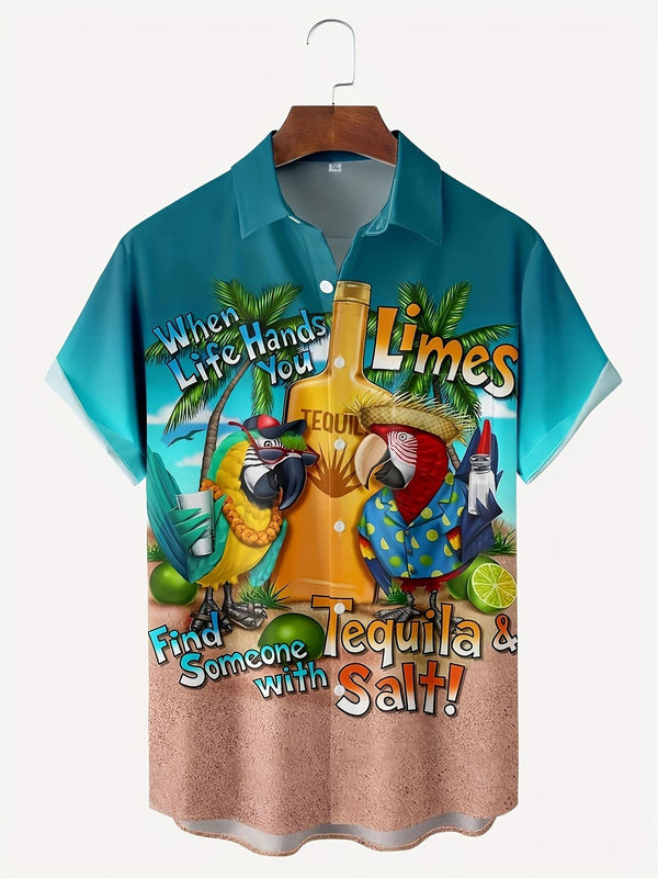 Funny Teal Tropical Parrots Tequila Bottle Limes Palm Trees Beach Theme Short Sleeve Hawaiian Shirt  Front