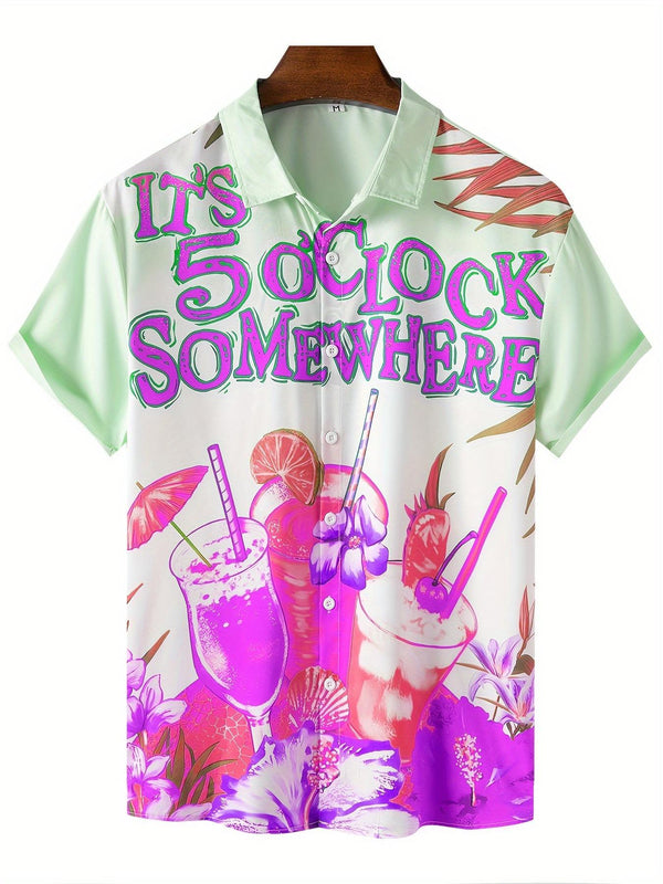 Funny Tropical Cocktail Print Green Purple Short Sleeve Hawaiian Shirt  Front