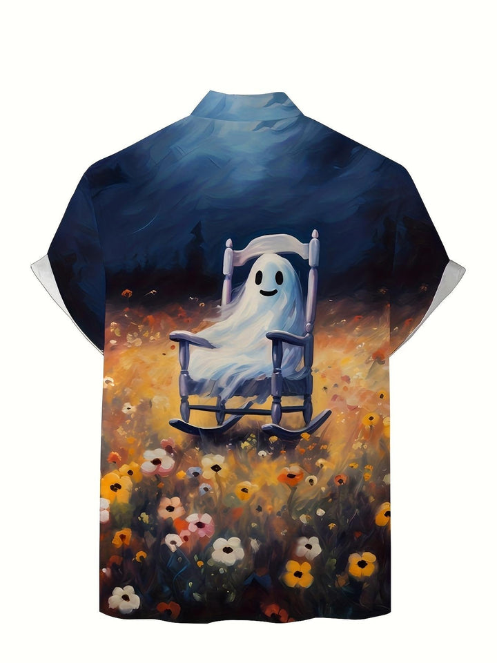 Ghost Rocking Chair In Field Of Flowers Halloween Theme Short Sleeve Hawaiian Shirt  Back