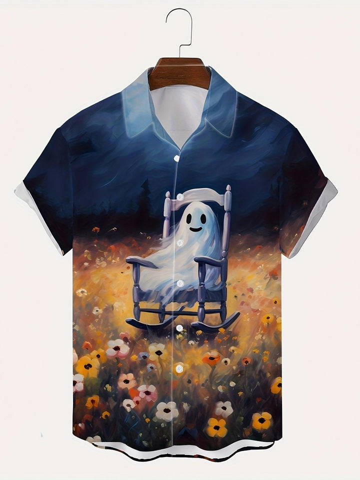 Ghost Rocking Chair In Field Of Flowers Halloween Theme Short Sleeve Hawaiian Shirt  Front