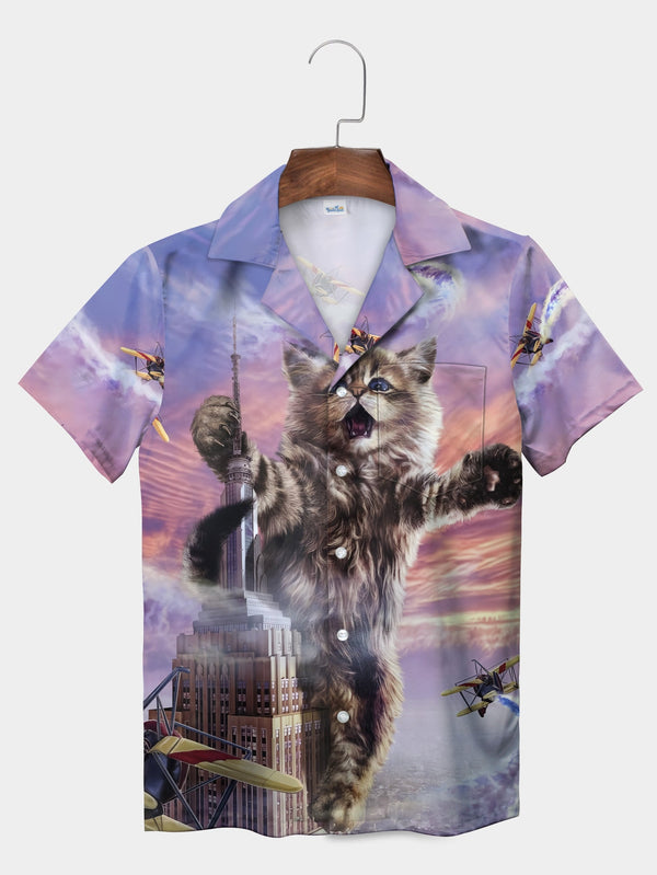 Giant Purple Funny Cat Empire State Building Short Sleeve Hawaiian Shirt  Front