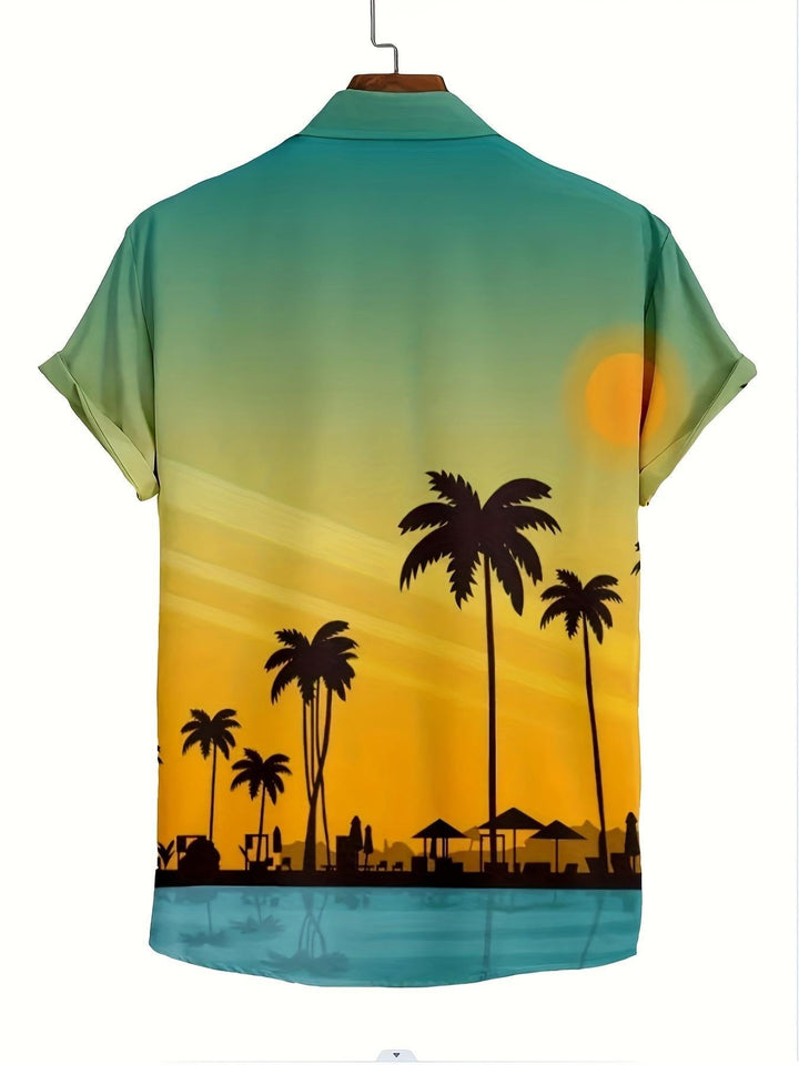 Golden Sunset Beach With Palm Trees Short Sleeve Hawaiian Shirt  Back