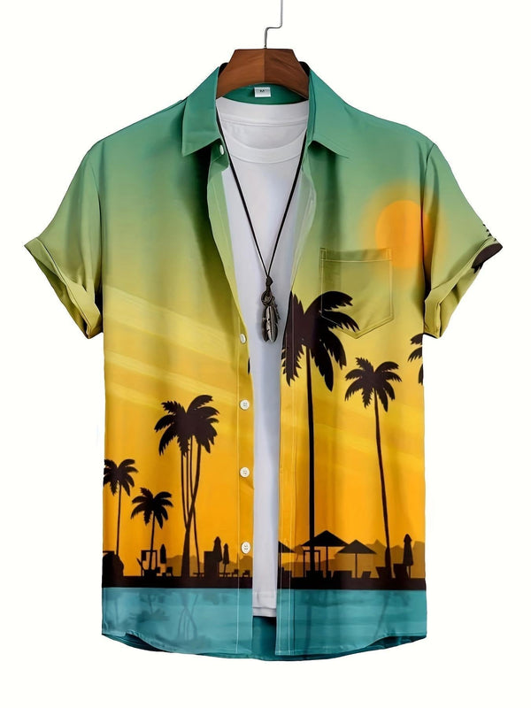 Golden Sunset Beach With Palm Trees Short Sleeve Hawaiian Shirt  Front