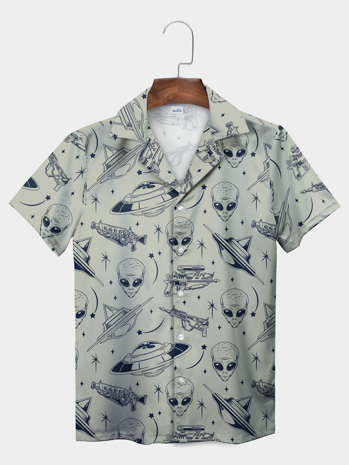 Gray Alien Spaceship Galactic Adventure Short Sleeve Hawaiian Shirt  Front