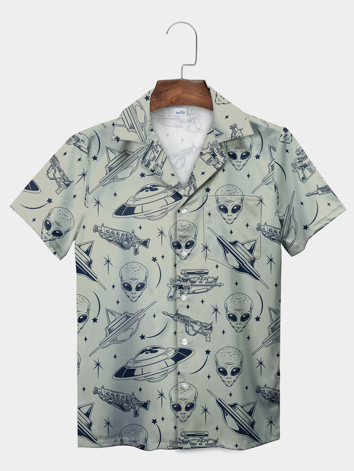 Gray Alien Spaceship Galactic Adventure Short Sleeve Hawaiian Shirt  Pocket