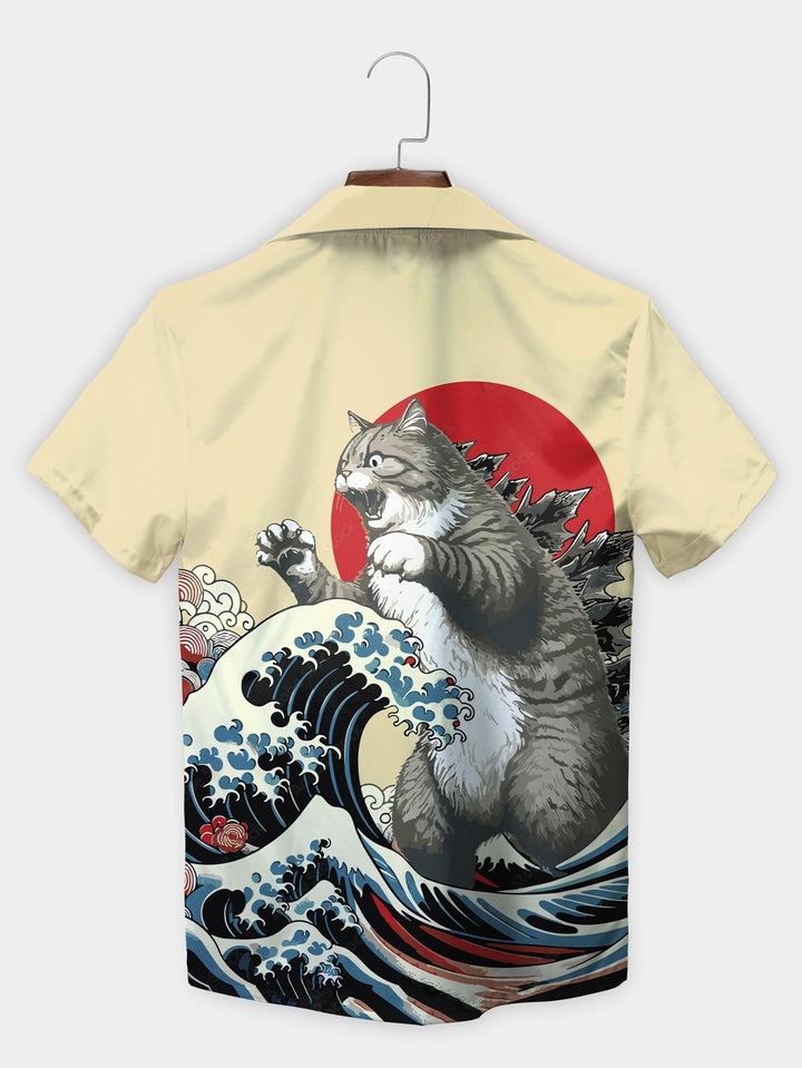 Gray Cat Ukiyo-e Wave Godzilla Style Short Sleeve Aloha Shirt  Back