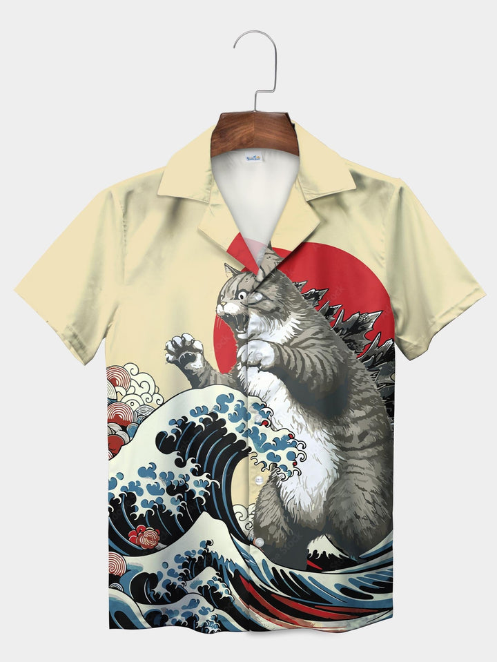 Gray Cat Ukiyo-e Wave Godzilla Style Short Sleeve Aloha Shirt  Front