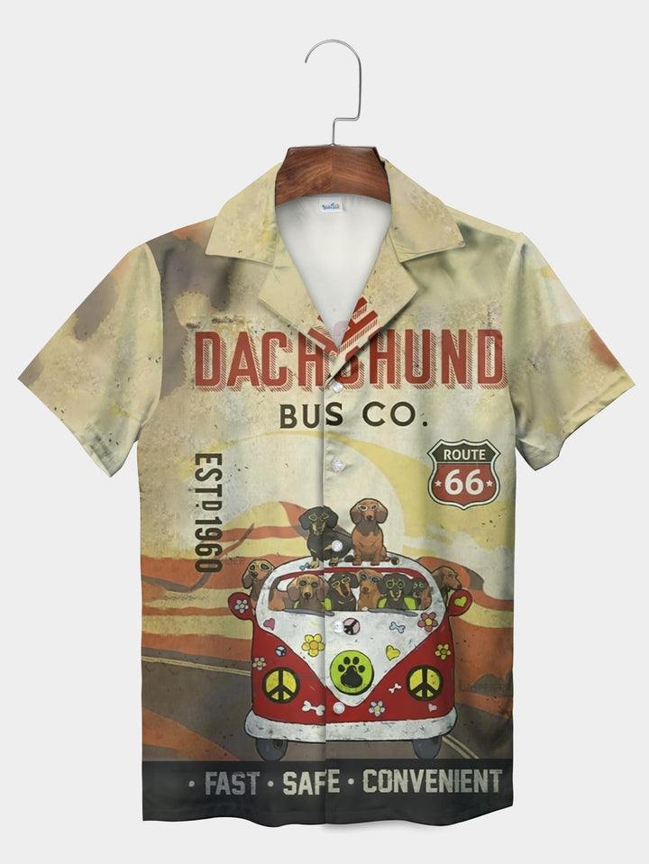 Gray Dachshund Bus Company Retro Travel Short Sleeve Aloha Shirt  Front