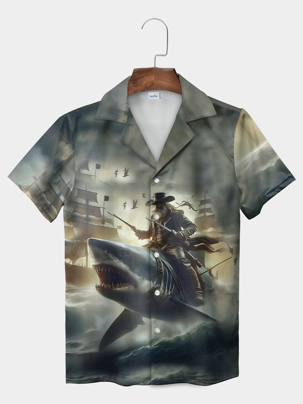 Gray Epic Pirate Riding Shark Adventure High Seas Short Sleeve Hawaiian Shirt  Front