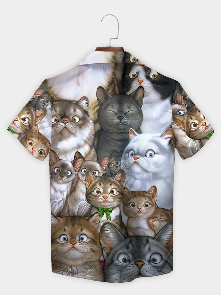 Gray Funny Cats Crowd Cute Illustration Short Sleeve Hawaiian Shirt  Back