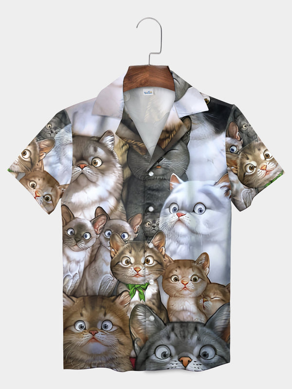 Gray Funny Cats Crowd Cute Illustration Short Sleeve Hawaiian Shirt  Front