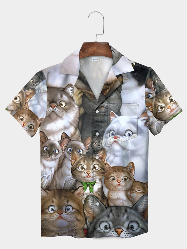 Gray Funny Cats Crowd Cute Illustration Short Sleeve Hawaiian Shirt  Pocket