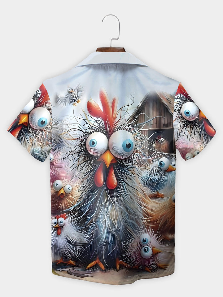 Gray Funny Rooster Wild Hair Comical Chicken Short Sleeve Hawaiian Shirt  Back