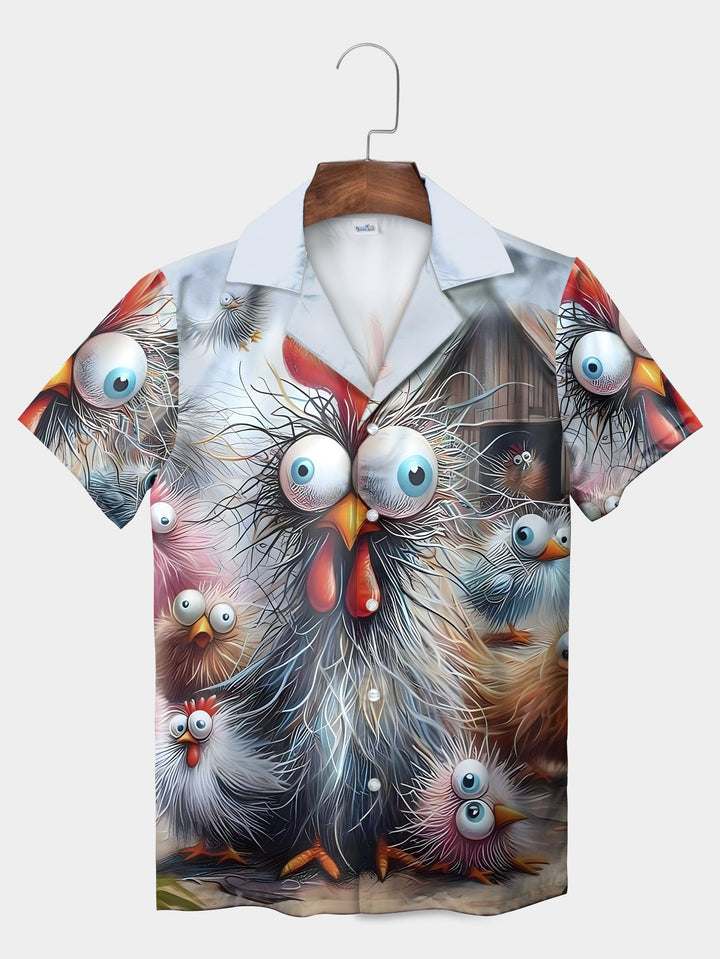 Gray Funny Rooster Wild Hair Comical Chicken Short Sleeve Hawaiian Shirt  Front