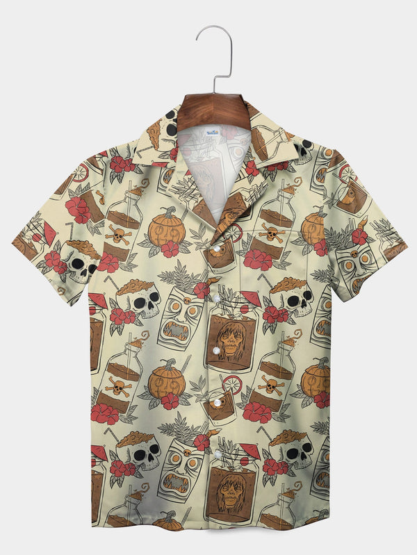 Gray Halloween Potion Skull Pumpkin Short Sleeve Hawaiian Shirt  Front