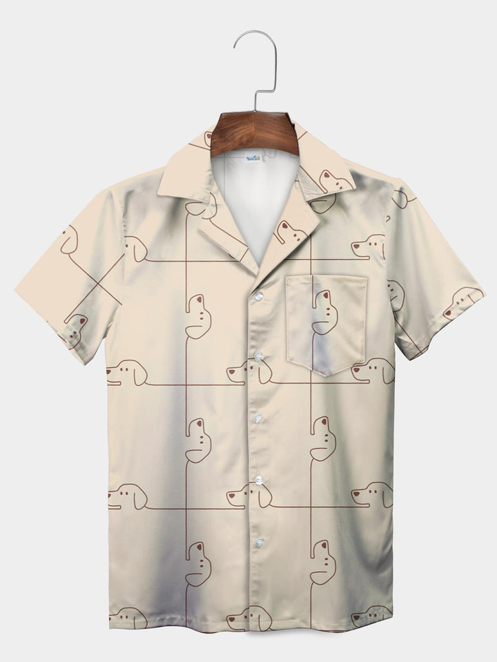 Gray Minimalist Dachshund Outline Art Short Sleeve Aloha Shirt  Pocket