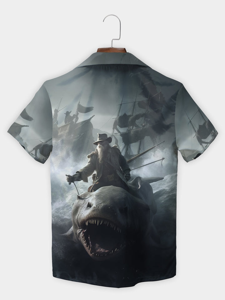 Gray Pirate Shark Rider Stormy Ocean Short Sleeve Hawaiian Shirt  Back