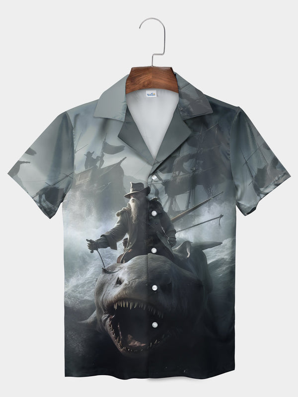 Gray Pirate Shark Rider Stormy Ocean Short Sleeve Hawaiian Shirt  Front