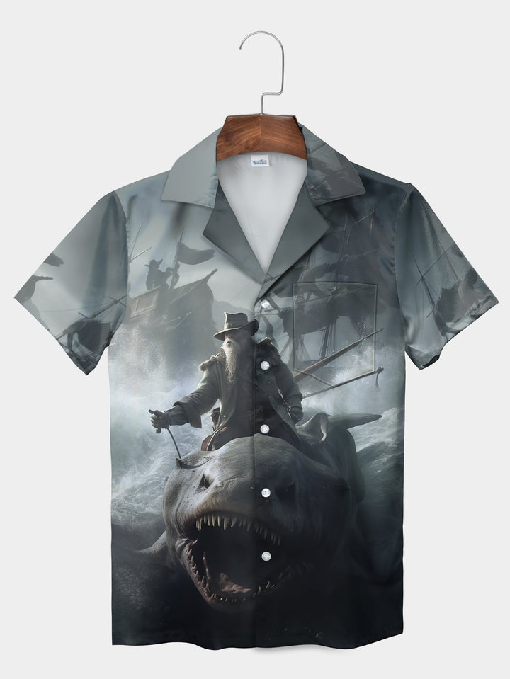 Gray Pirate Shark Rider Stormy Ocean Short Sleeve Hawaiian Shirt  Pocket