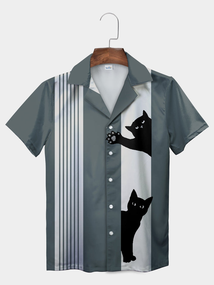 Gray Playful Cat Art Vertical Stripe Short Sleeve Hawaiian Shirt  Front