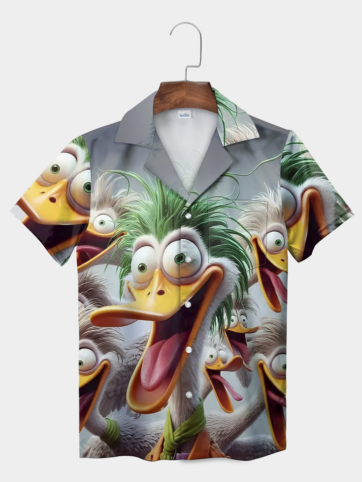 Gray Quirky Duck Character Graphic Design Short Sleeve Hawaiian Shirt  Front