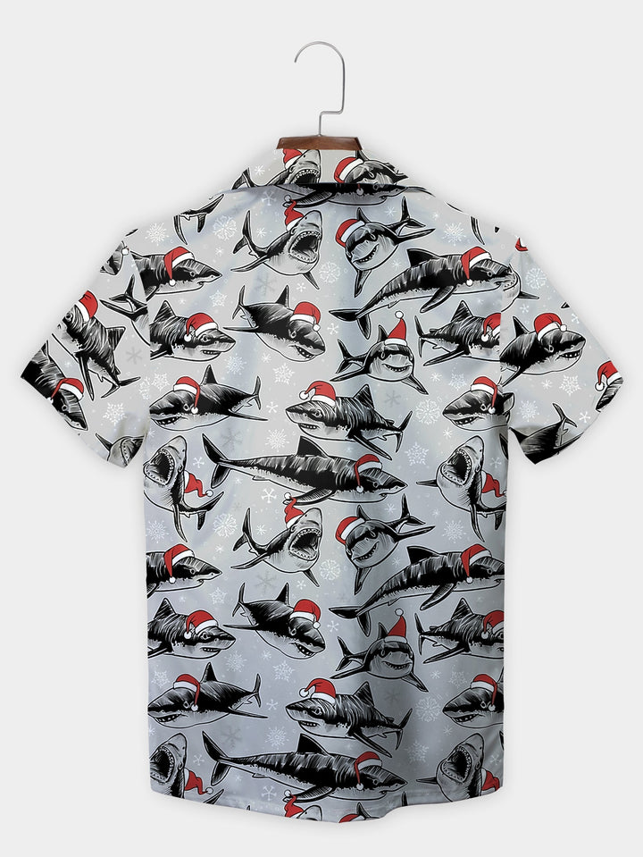 Gray Sharks Wearing Santa Hats Holiday Fun Short Sleeve Hawaiian Shirt  Back