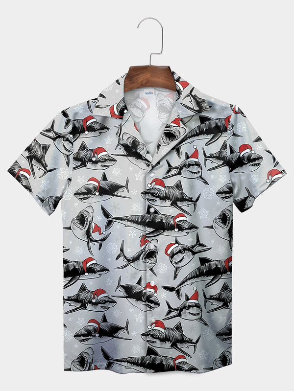 Gray Sharks Wearing Santa Hats Holiday Fun Short Sleeve Hawaiian Shirt  Front