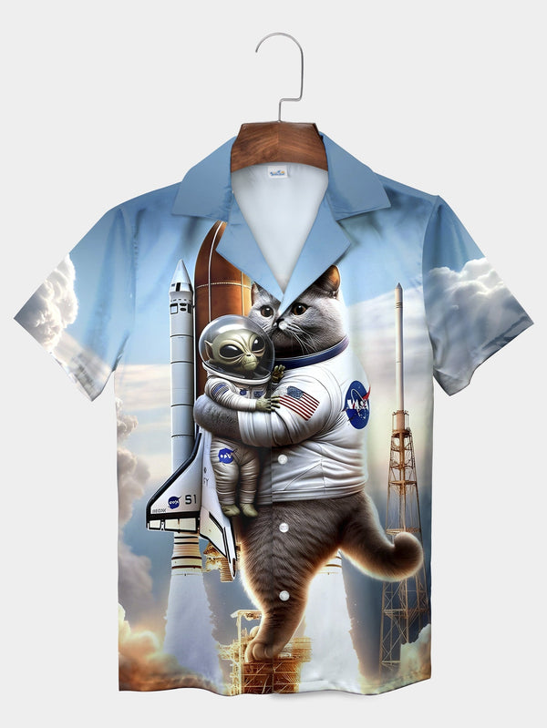 Gray Space Cat Alien Astronaut Rocket Launch Short Sleeve Hawaiian Shirt  Front