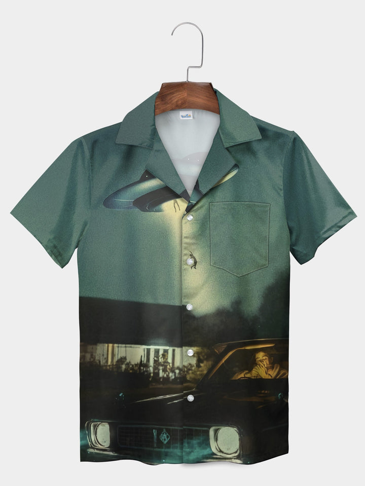 Green Alien Abduction Nightscape Short Sleeve Hawaiian Shirt  Front