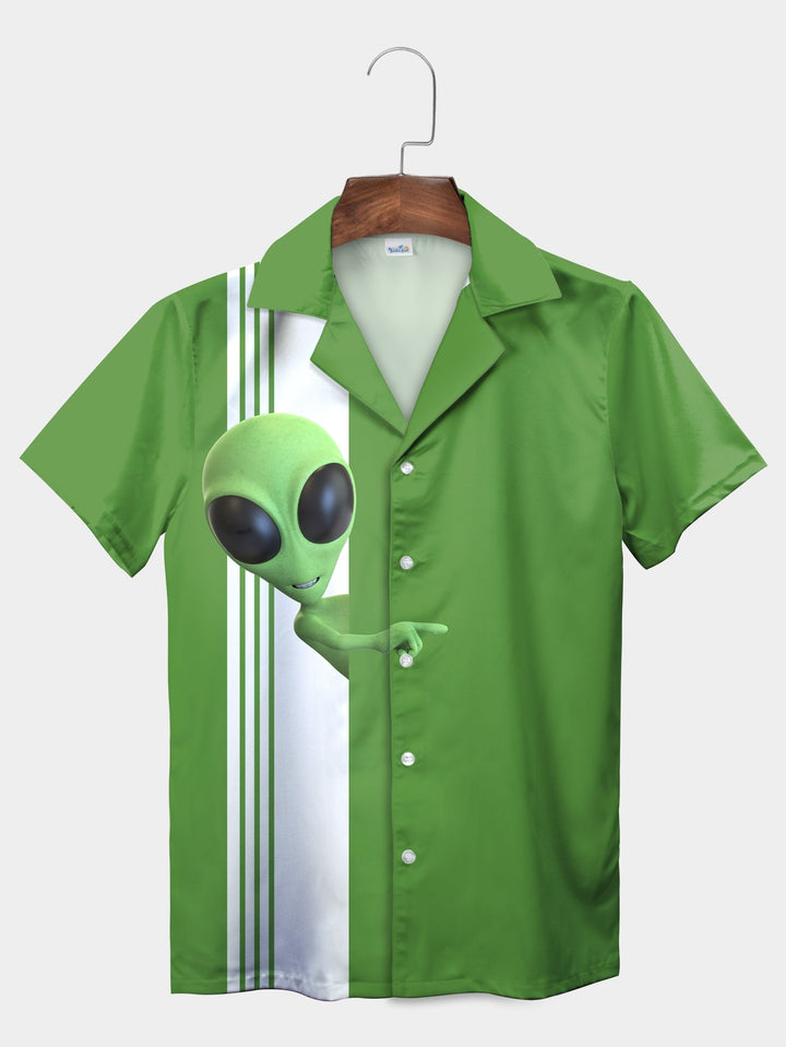 Green Alien Minimalist Stripe Design Short Sleeve Hawaiian Shirt  Front