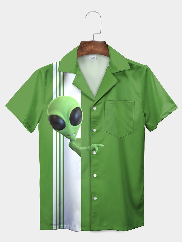 Green Alien Minimalist Stripe Design Short Sleeve Hawaiian Shirt  Pocket