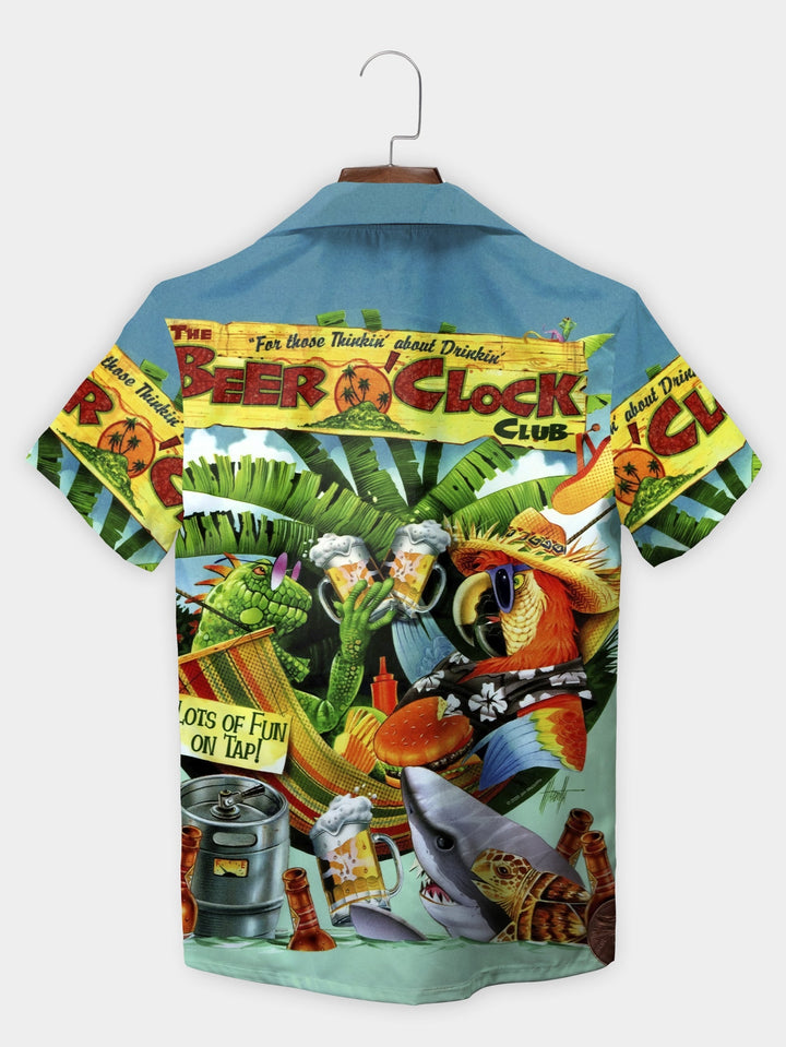 Green Beer Clock Club Tropical Design Fun Party Theme Short Sleeve Hawaiian Shirt  Back