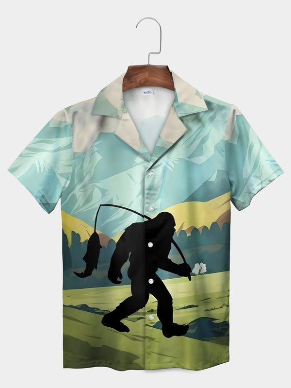 Green Bigfoot Silhouette Fishing Mountain Short Sleeve Hawaiian Shirt  Front