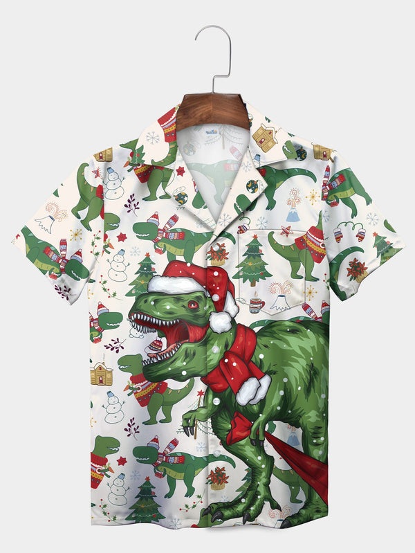 Green Christmas Dinosaur Festive Short Sleeve Hawaiian Shirt  Front