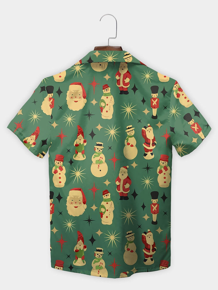 Green Christmas Figures Santa Snowman Toy Short Sleeve Aloha Shirt  Back