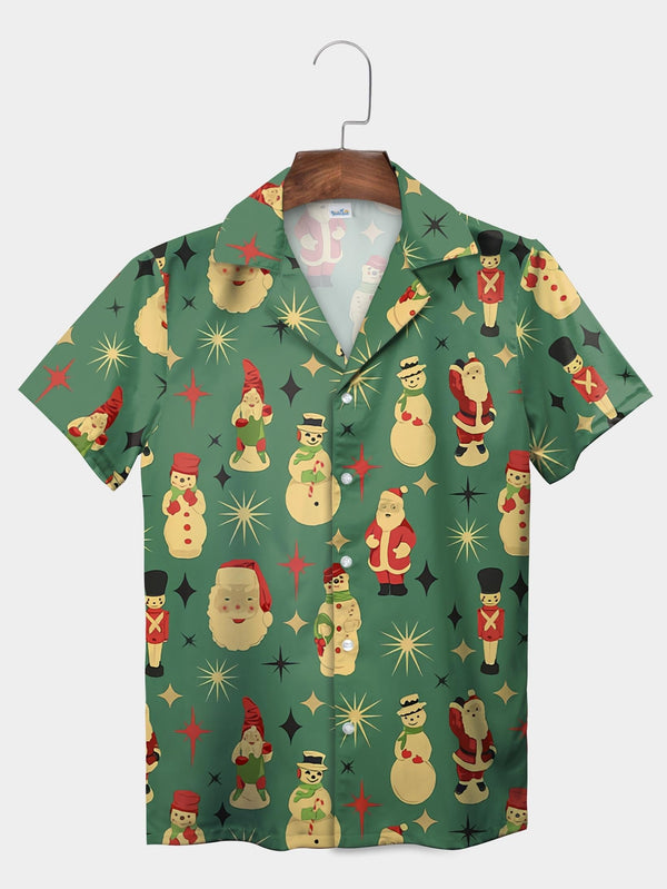 Green Christmas Figures Santa Snowman Toy Short Sleeve Aloha Shirt  Front