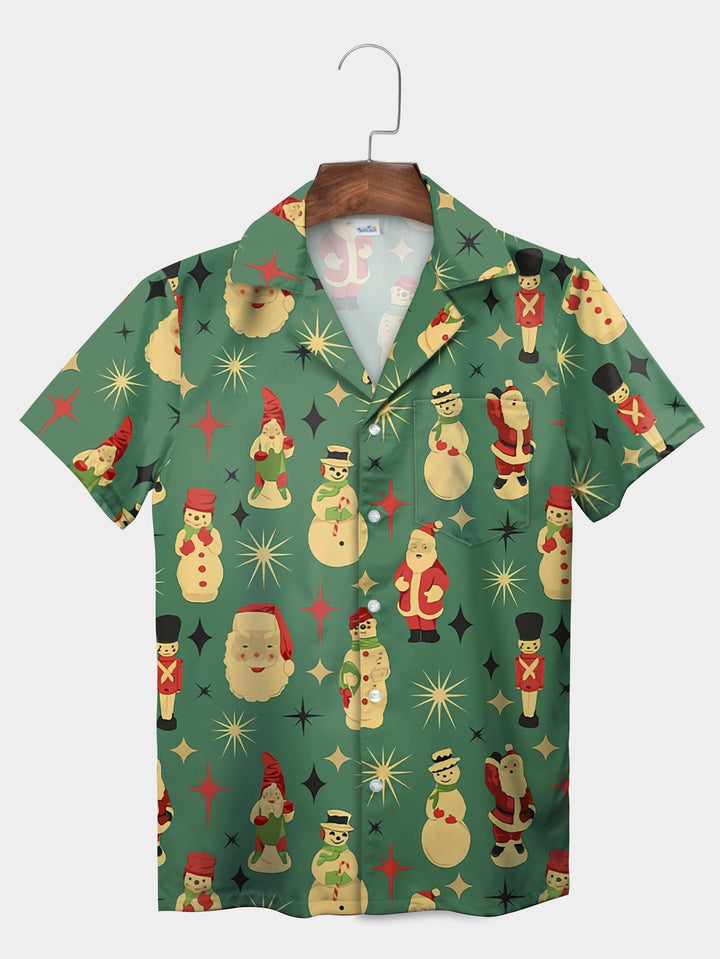 Green Christmas Figures Santa Snowman Toy Short Sleeve Aloha Shirt  Pocket