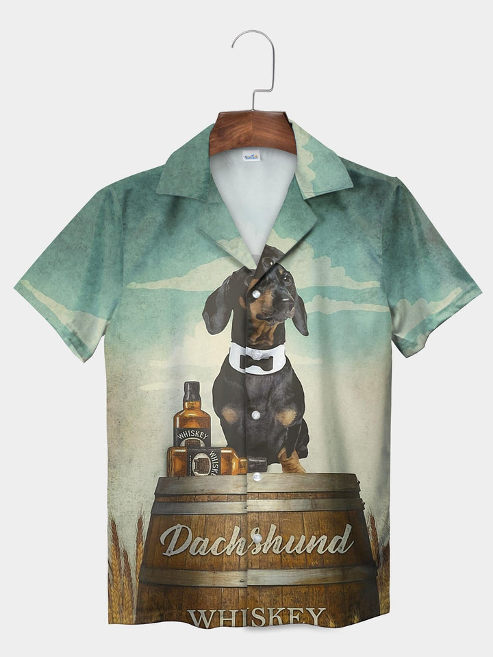 Green Dachshund Whiskey Barrel Dog Lover Short Sleeve Aloha Shirt  Front