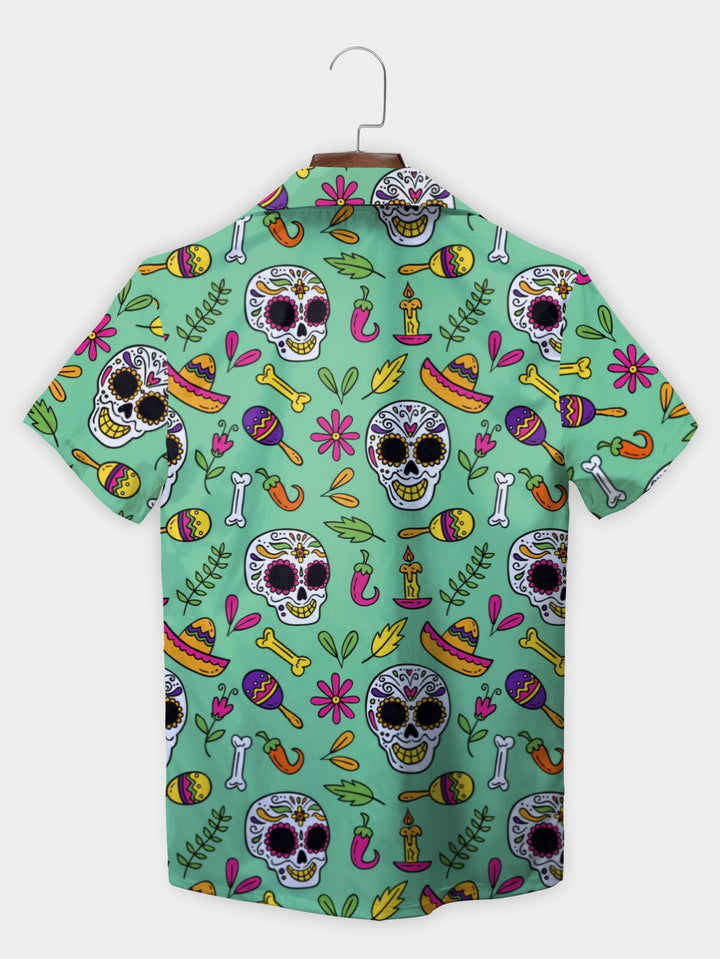 Green Day Of The Dead Sugar Skull Fiesta Short Sleeve Hawaiian Shirt  Back