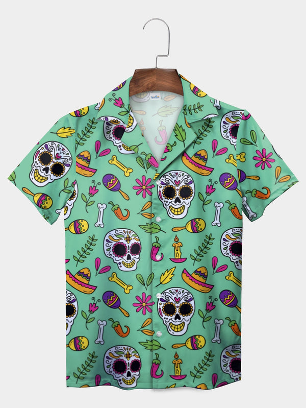 Green Day Of The Dead Sugar Skull Fiesta Short Sleeve Hawaiian Shirt  Front