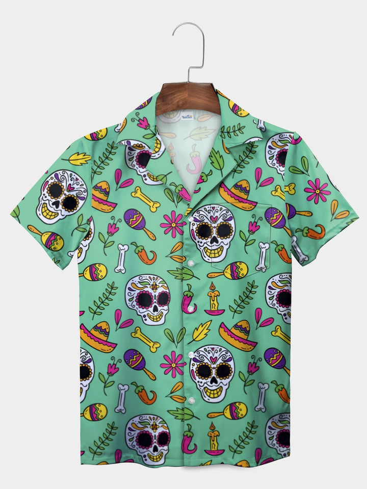 Green Day Of The Dead Sugar Skull Fiesta Short Sleeve Hawaiian Shirt  Pocket