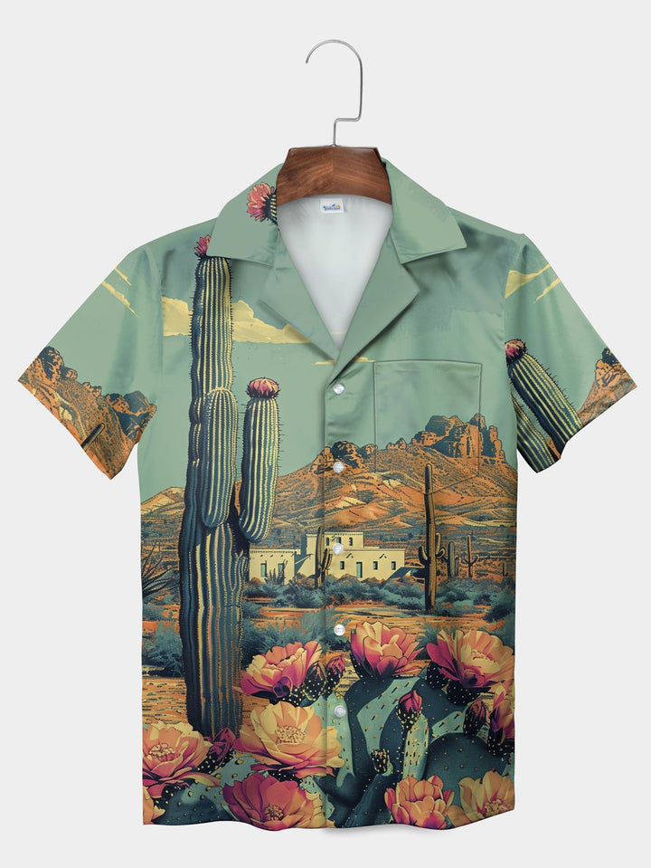 Green Desert Cactus Blooming Flowers Scenic Short Sleeve Hawaiian Shirt  Pocket