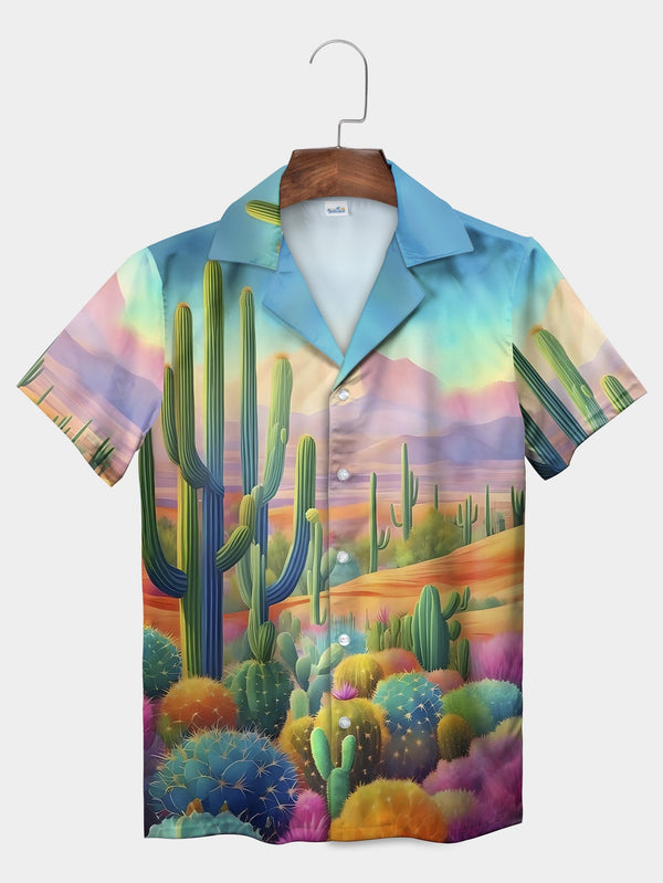 Green Desert Landscape Cactus Scene Vibrant Short Sleeve Hawaiian Shirt  Front