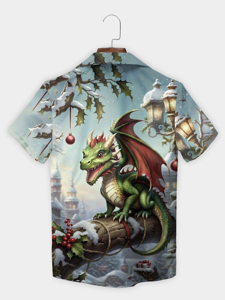 Green Dragon Lantern Winter Christmas Scene Short Sleeve Aloha Shirt  Back