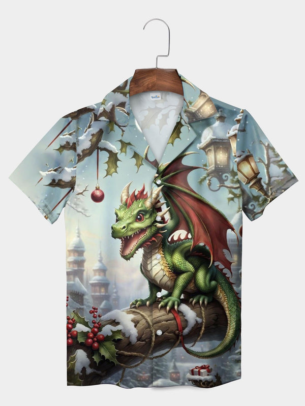 Green Dragon Lantern Winter Christmas Scene Short Sleeve Aloha Shirt  Front