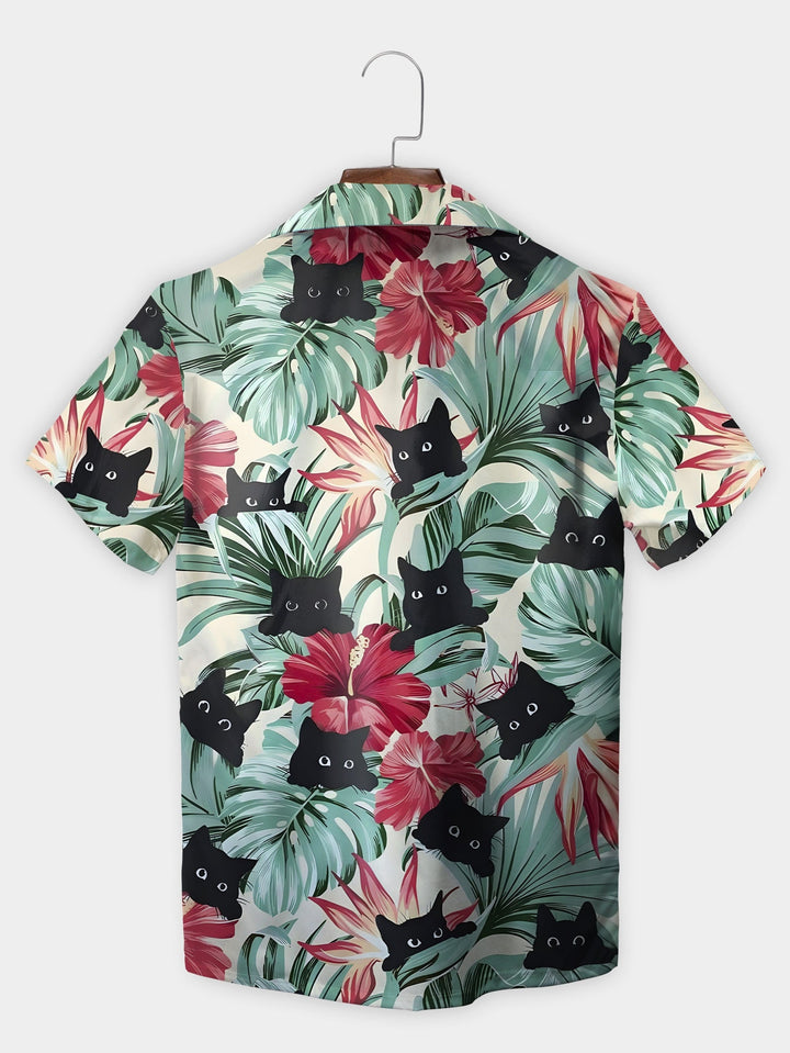 Green Jungle Cat Floral Pattern Playful Short Sleeve Hawaiian Shirt  Back