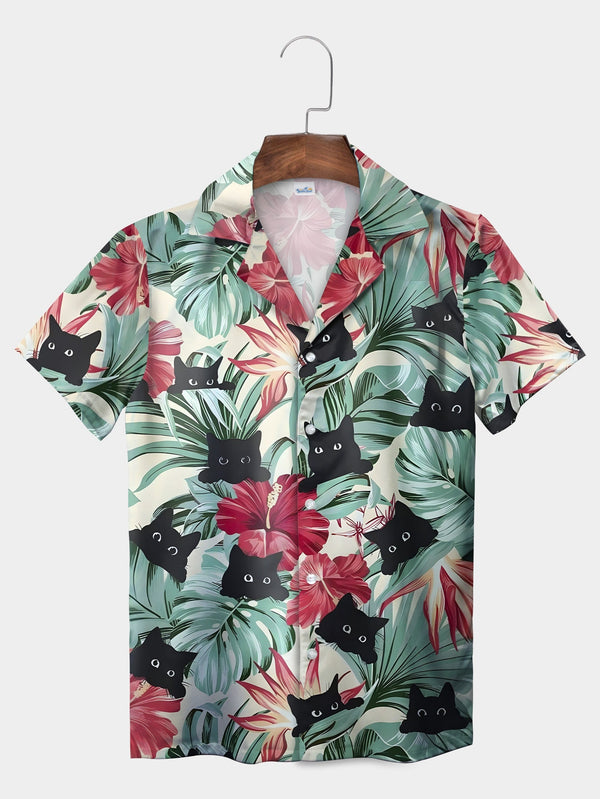 Green Jungle Cat Floral Pattern Playful Short Sleeve Hawaiian Shirt  Front