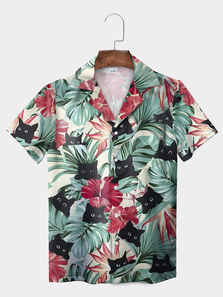 Green Jungle Cat Floral Pattern Playful Short Sleeve Hawaiian Shirt  Pocket