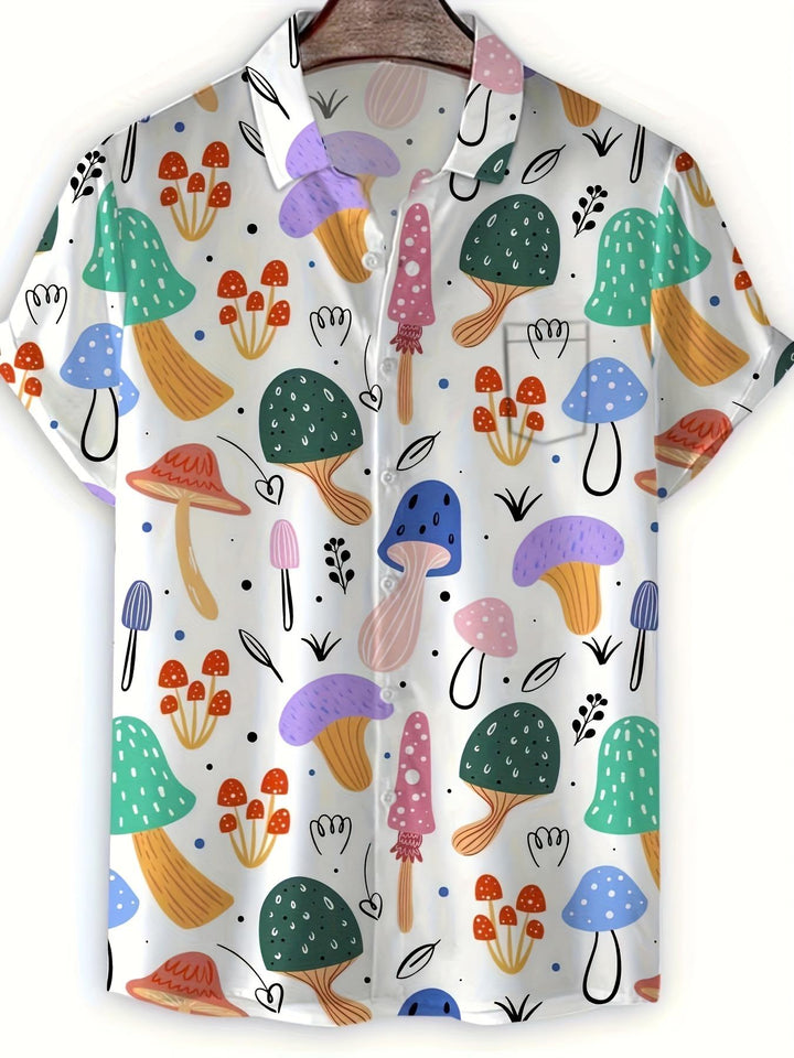 Green Mushrooms Playful Design Bright White Background Fun Print Short Sleeve Hawaiian Shirt  Front